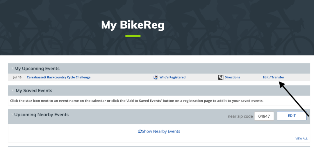 My BikeReg page showing the Carrabassett Backcountry Cycle Challenge with the Edit / Transfer link highlighted