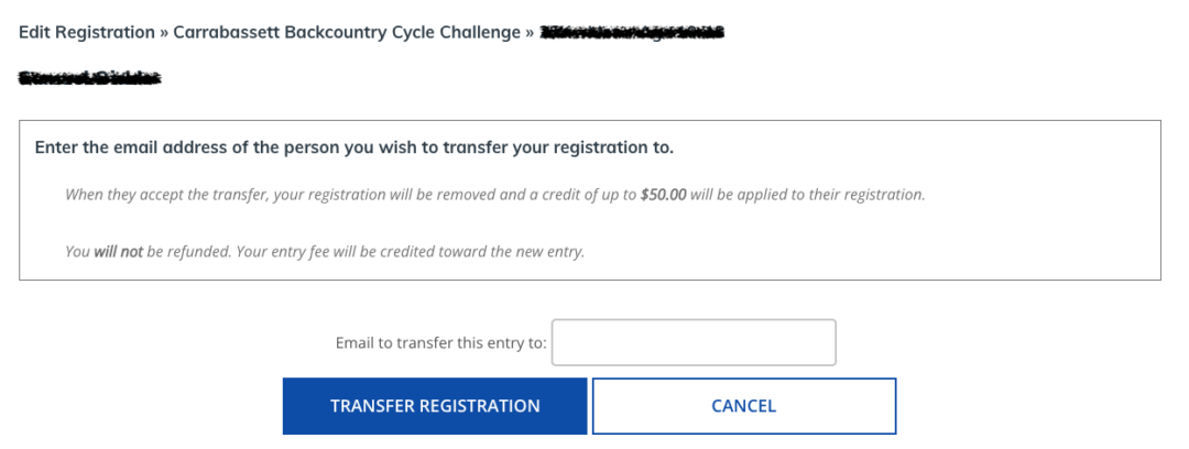 Transfer form asking for the email address of the person to transfer the registration to