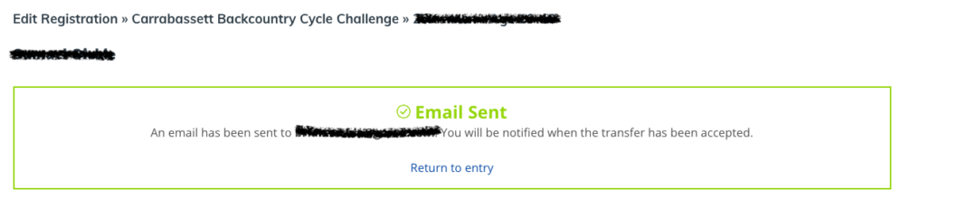 Confirmation page showing the transfer is pending acceptance